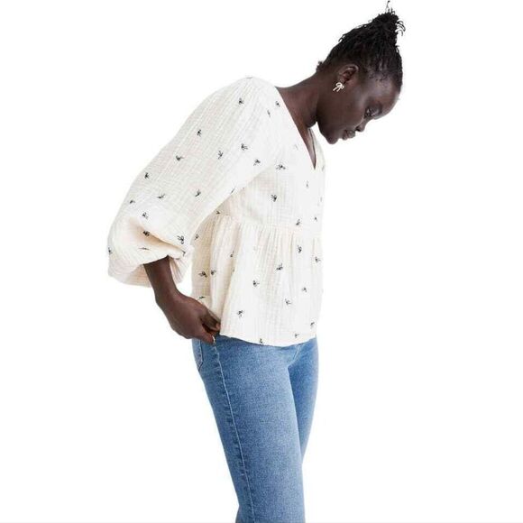 Madewell Lightspun Cotton Bow Blouse in Cream with Balloon Sleeves Size S - Picture 3 of 15
